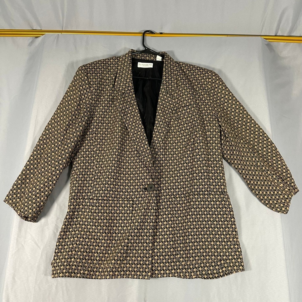 Elisabeth Liz Claiborne Vintage Tan Black Patterned Blazer Jacket Womens Size 14